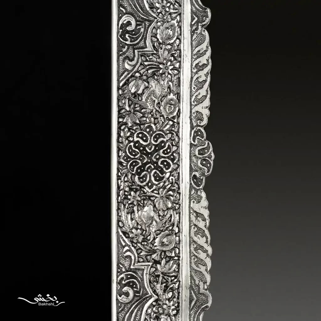 آینه و شمعدان نقره گل و مرغ ریزقلم مشبک اعلا