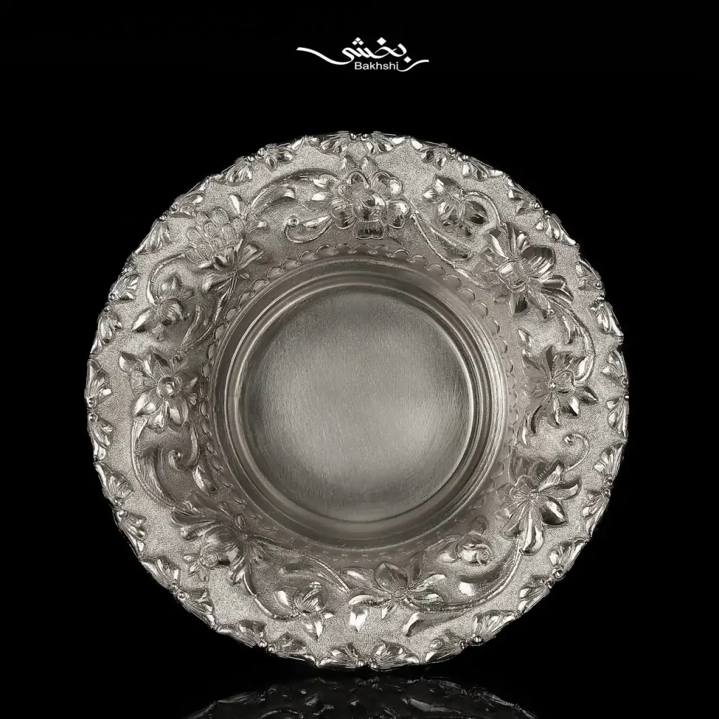 شیرینی خوری نقره پایه دار گل برجسته