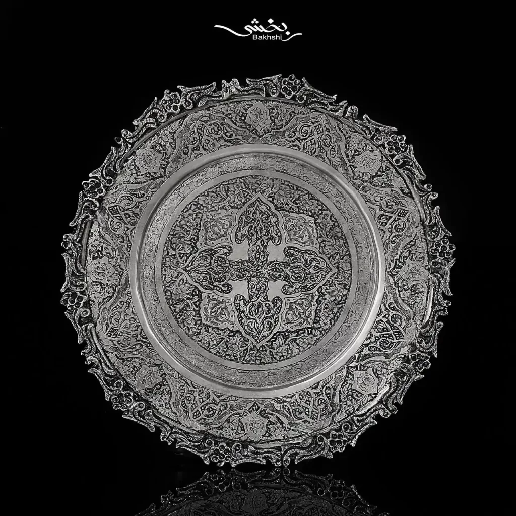 بشقاب نقره گرد قلم گل و بوته اعلا