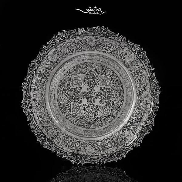 بشقاب نقره گرد قلم گل و بوته اعلا