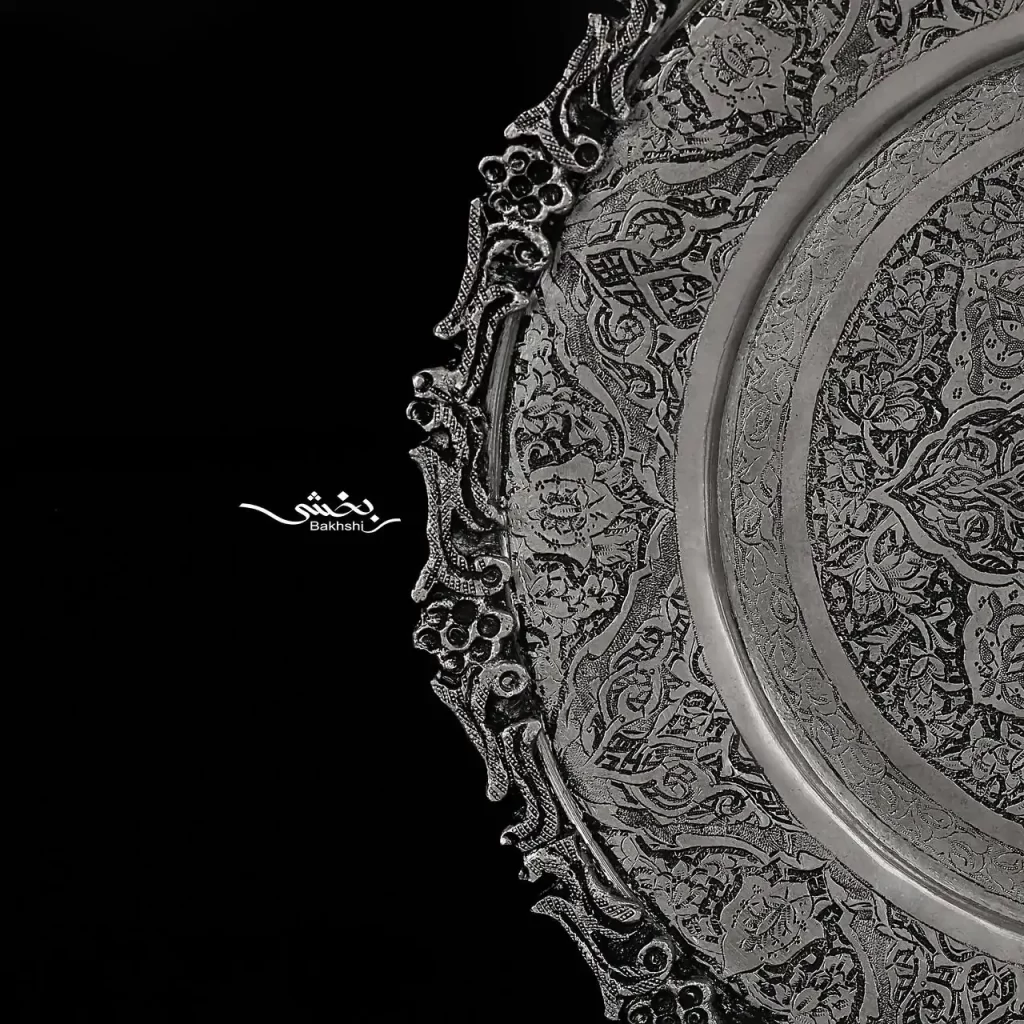 بشقاب نقره گرد قلم گل و بوته اعلا