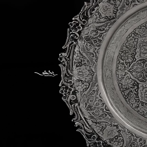بشقاب نقره گرد قلم گل و بوته اعلا