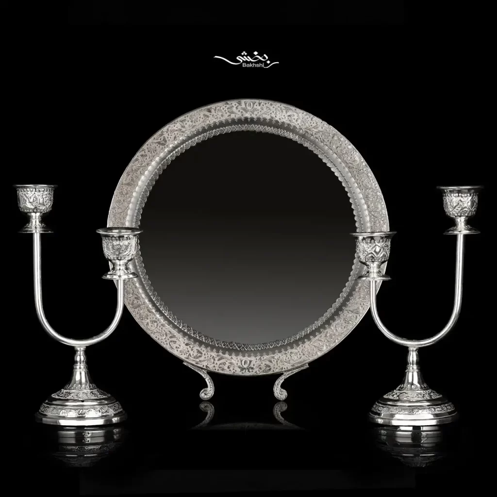 ست آینه نقره گرد و شمعدان دوشاخه قلم گل و مرغ
