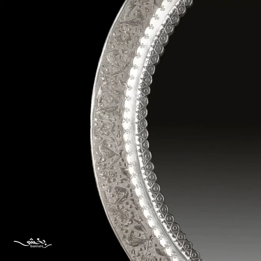 ست آینه نقره گرد و شمعدان دوشاخه قلم گل و مرغ