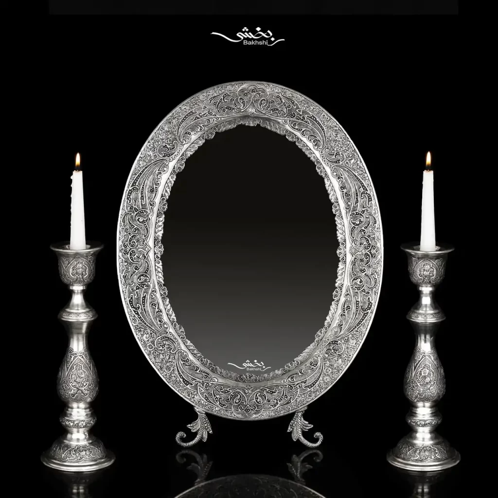 ست آینه و شمعدان مشبک و گل و مرغ ریزقلم اعلا