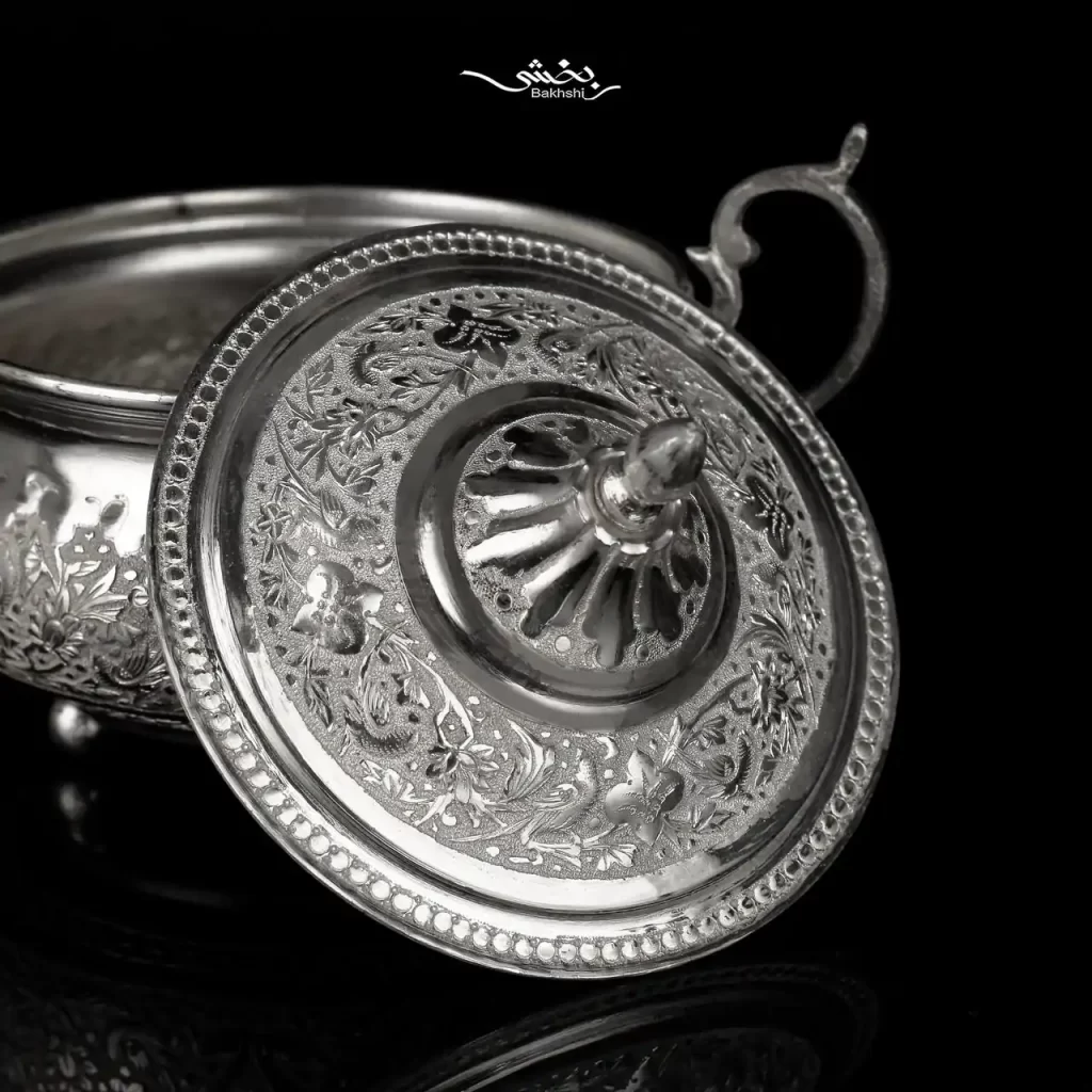 قندان نقره درب دار قلم گل و مرغ