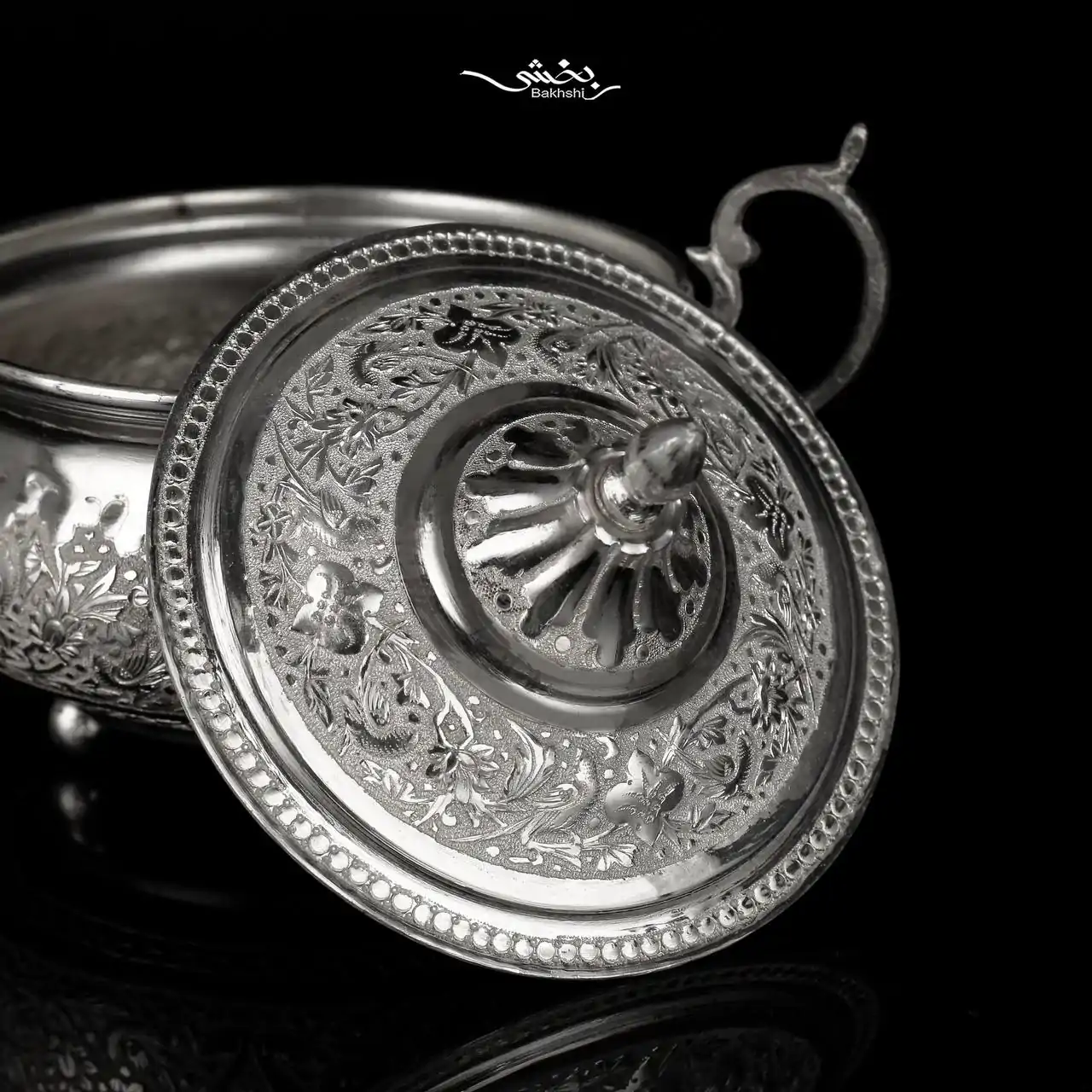 قندان نقره درب دار قلم گل و مرغ