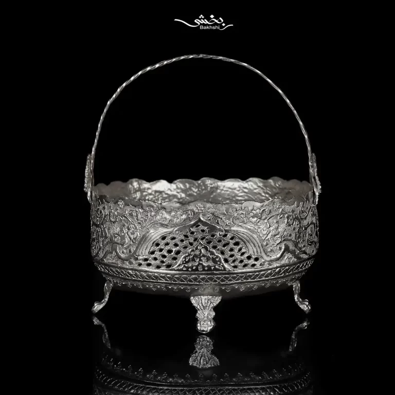 سبد نقره دسته دار بیضی قلم گل و مرغ