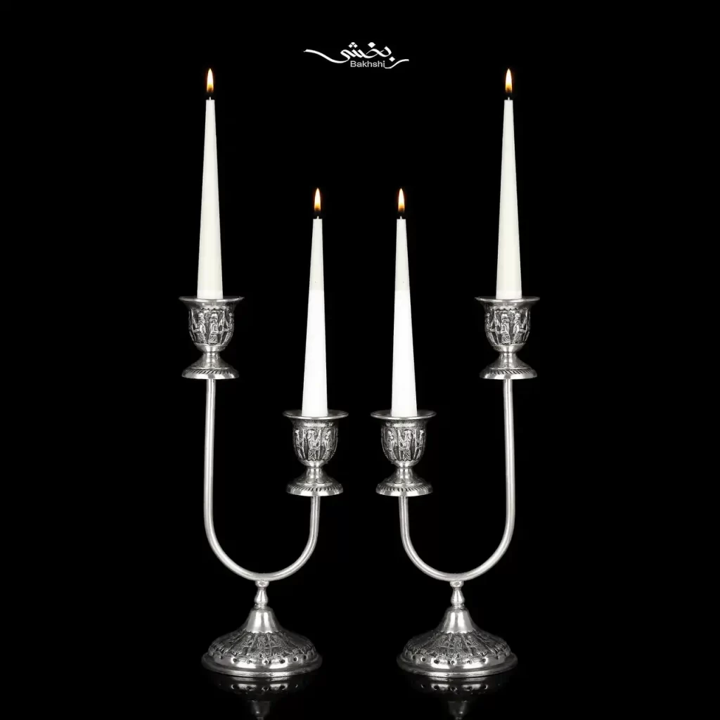 ست آینه بیضی تاجدار و شمعدان نقره دوشاخه تخت جمشید