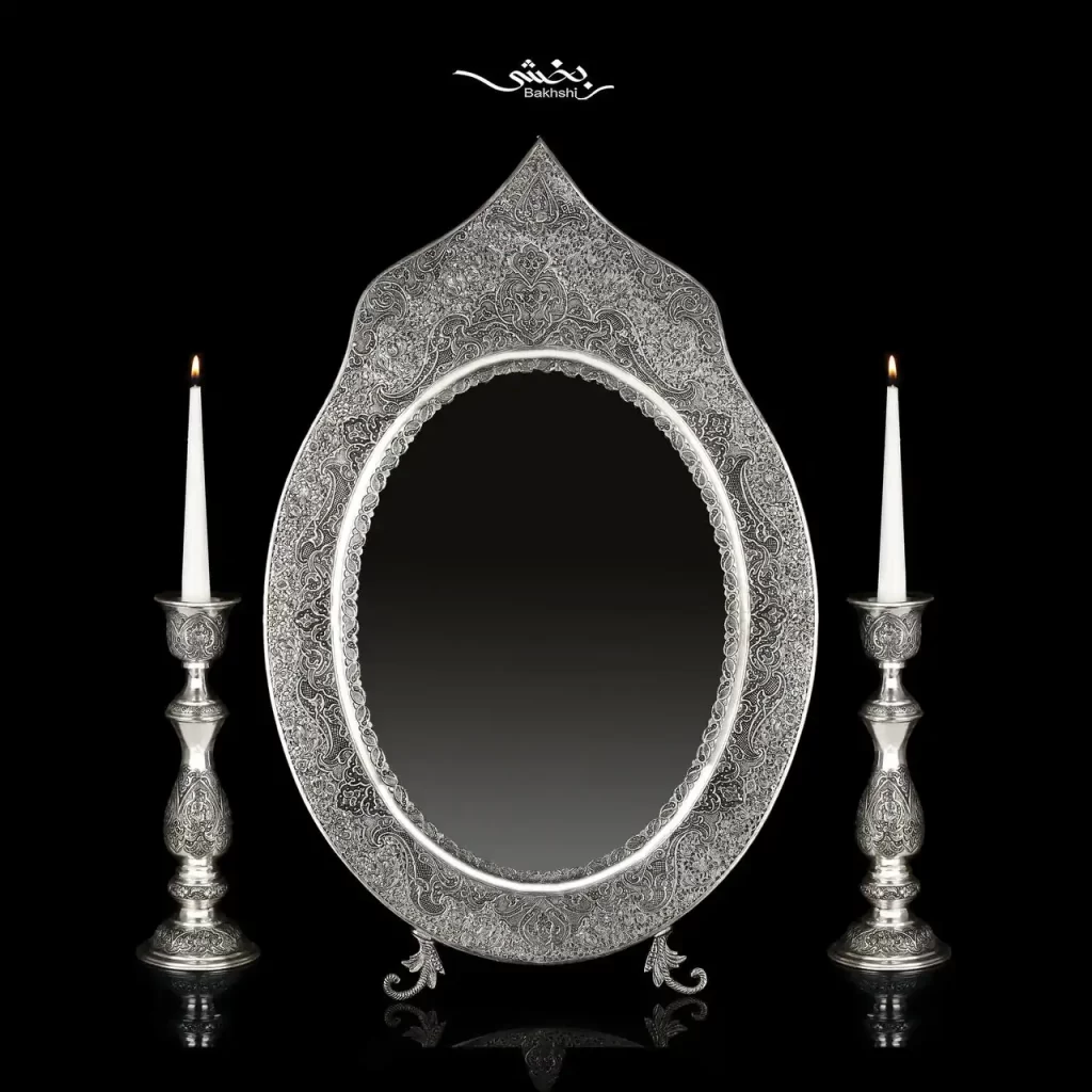 ست آینه و شمعدان مشبک و گل و مرغ ریزقلم اعلا