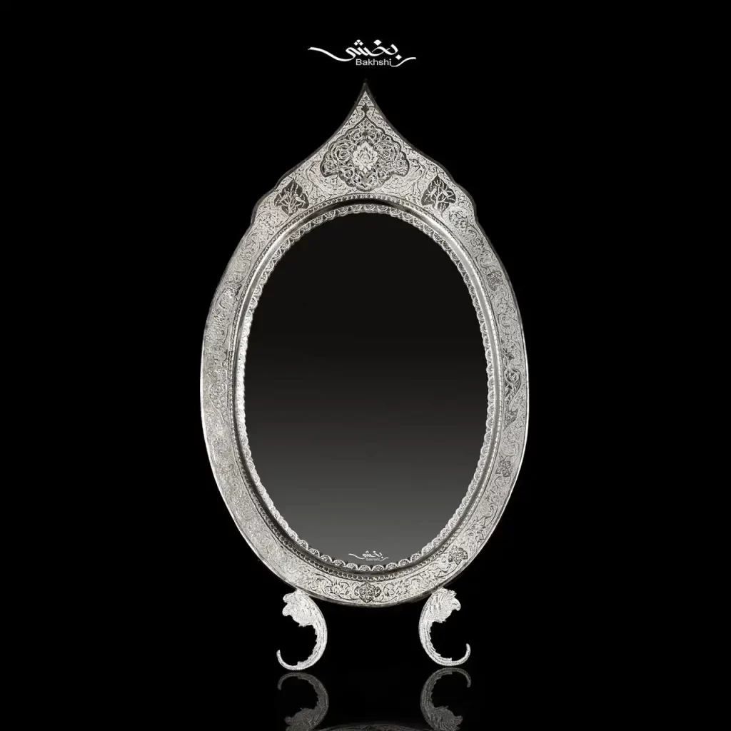 ست آینه تاجدار نقره و شمعدان لاله گل و مرغ