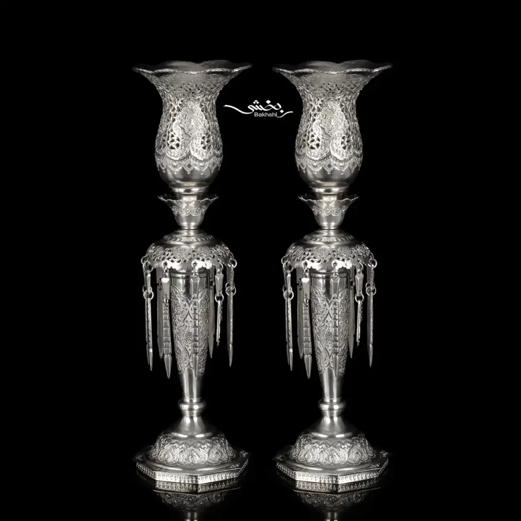 ست آینه تاجدار نقره و شمعدان لاله گل و مرغ