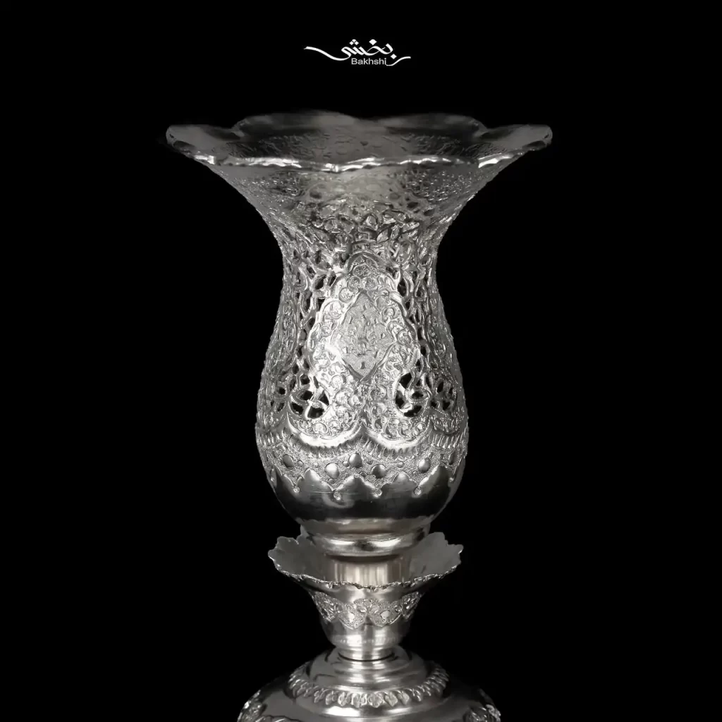 ست آینه تاجدار نقره و شمعدان لاله گل و مرغ