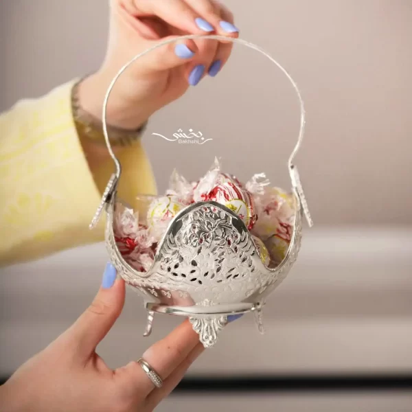 شیرینی خوری نقره پایه دار قلم گل و مرغ