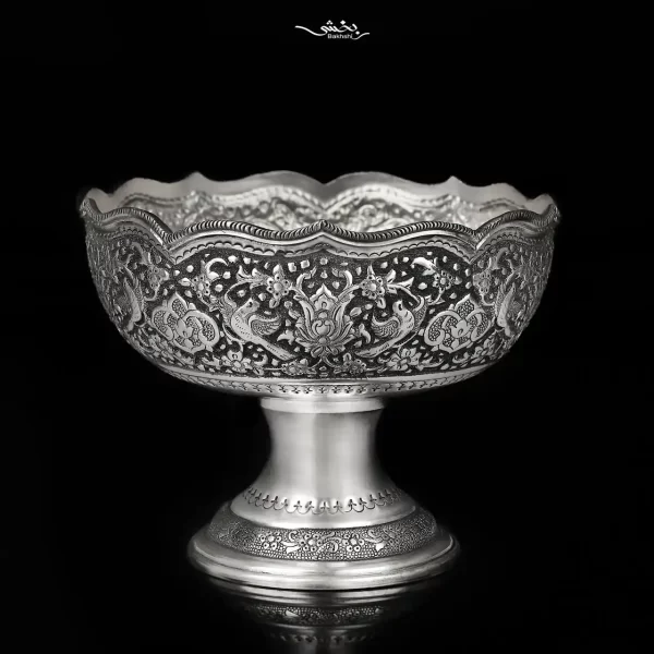 کاسه گرد نقره پایه دار گل و مرغ درجه یک