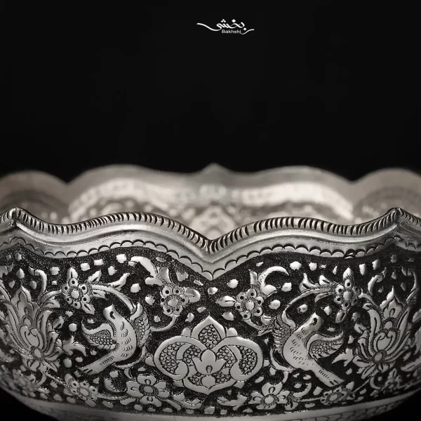 کاسه گرد نقره پایه دار گل و مرغ درجه یک