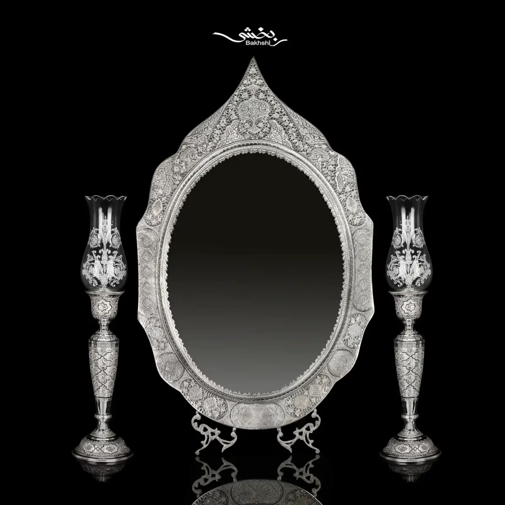 ست آینه تاجدار و شمعدان حباب خور نقره اسلیمی