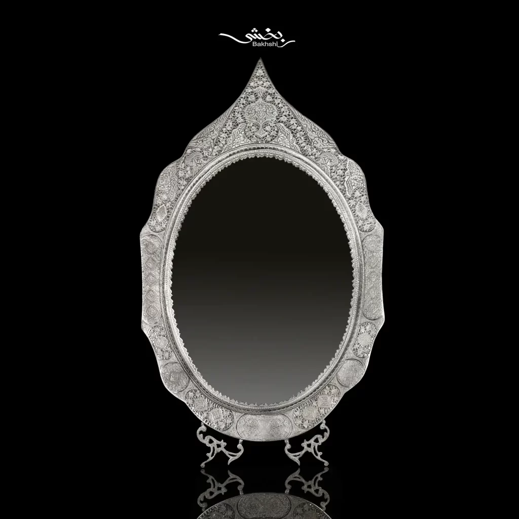 ست آینه تاجدار و شمعدان حباب خور نقره اسلیمی