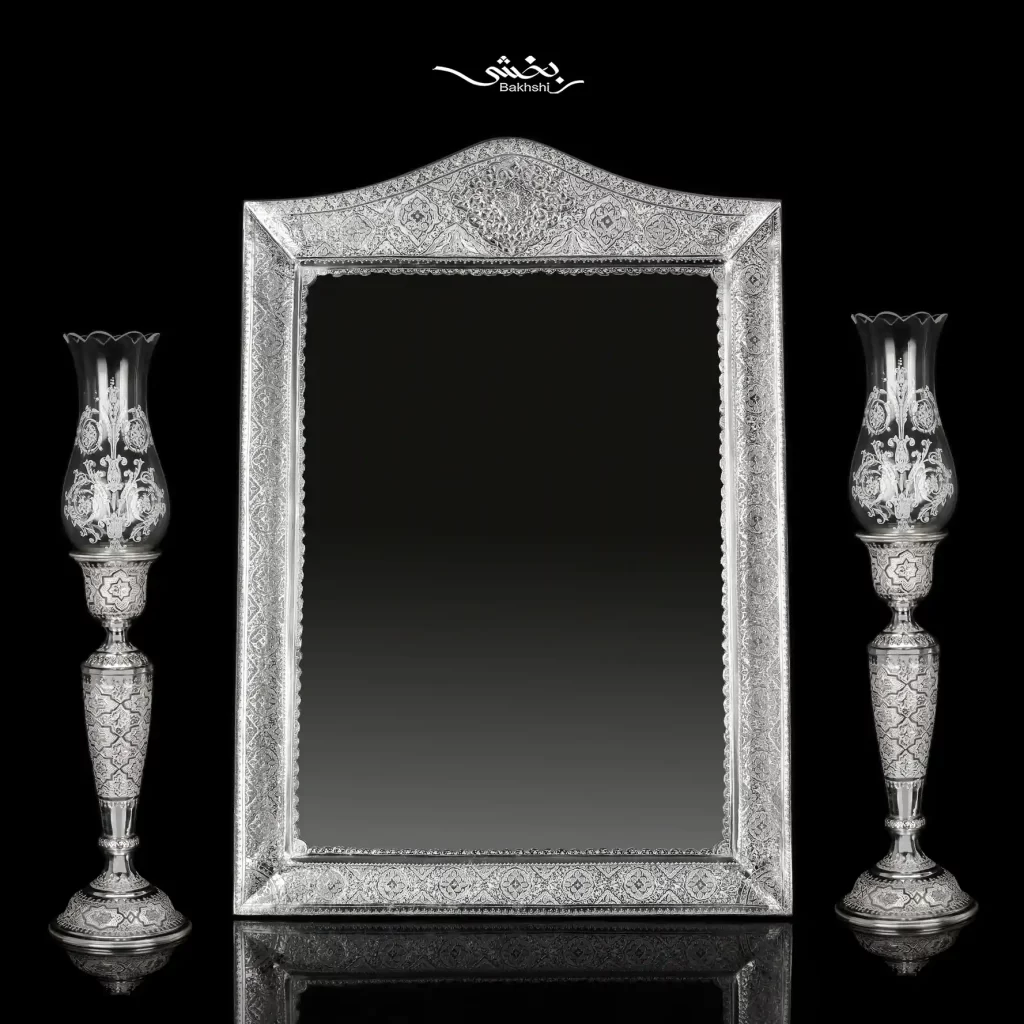 ست آینه مستطیل تاجدار و شمعدان نقره اسلیمی