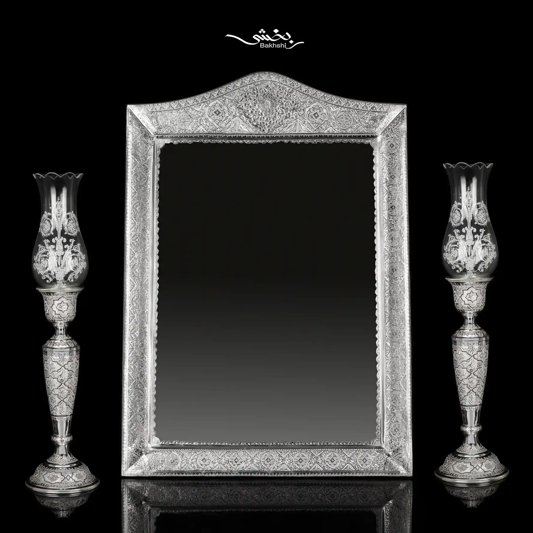 IMG_0307 ست آینه مستطیل تاجدار و شمعدان نقره اسلیمی