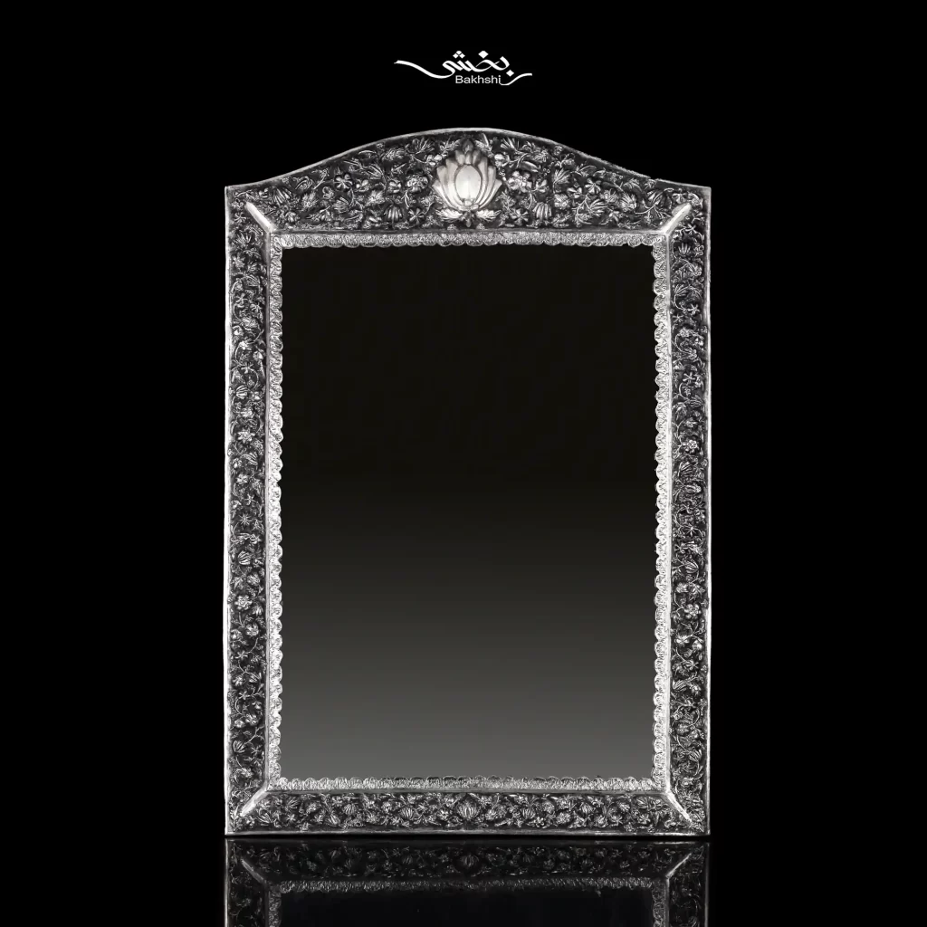 آینه نقره مستطیل تاجدار قلم گل برجسته