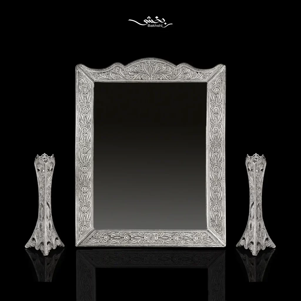 ست آینه مستطیل تاجدار و شمعدان نقره ملیله زنجان