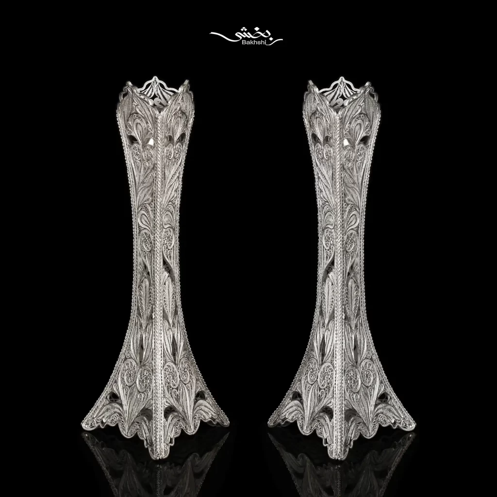 ست آینه مستطیل تاجدار و شمعدان نقره ملیله زنجان