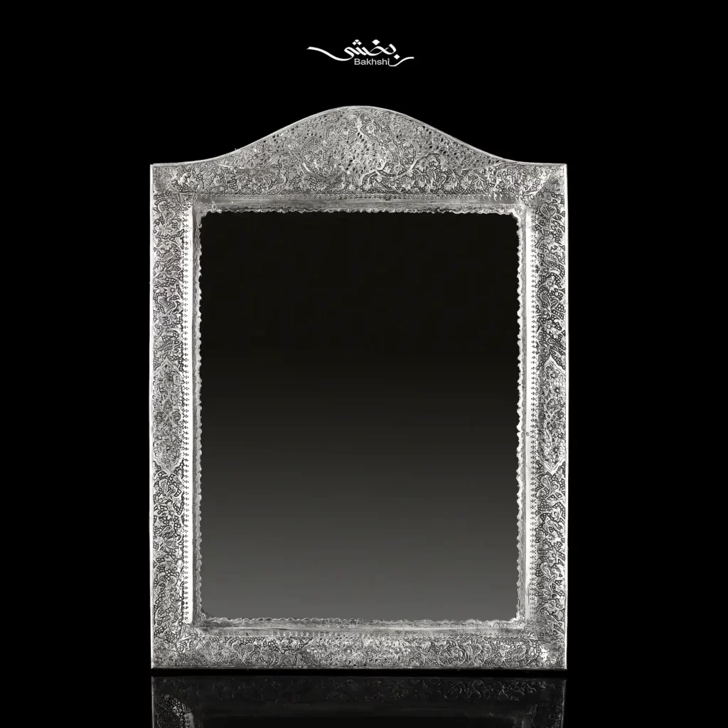 ست آینه مستطیلی و شمعدان دوشاخه نقره گل و مرغ
