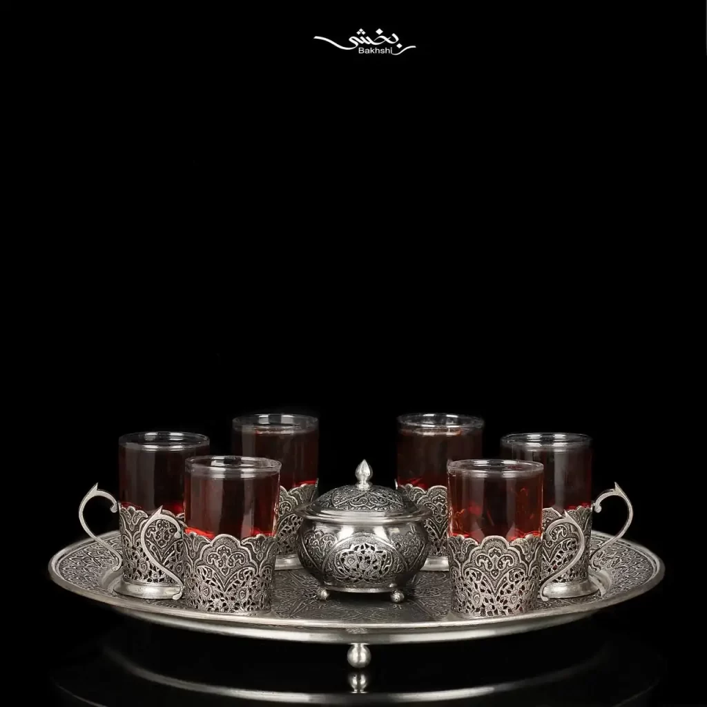 ست چایخوری نقره گل و مرغ و مشبک اعلا