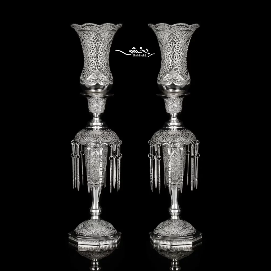 شمعدان نقره لاله آویزدار قلم گل و مرغ
