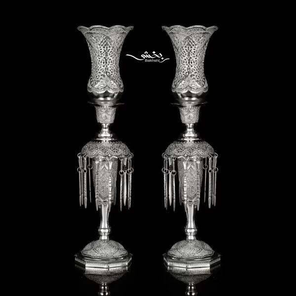 شمعدان نقره لاله آویزدار قلم گل و مرغ