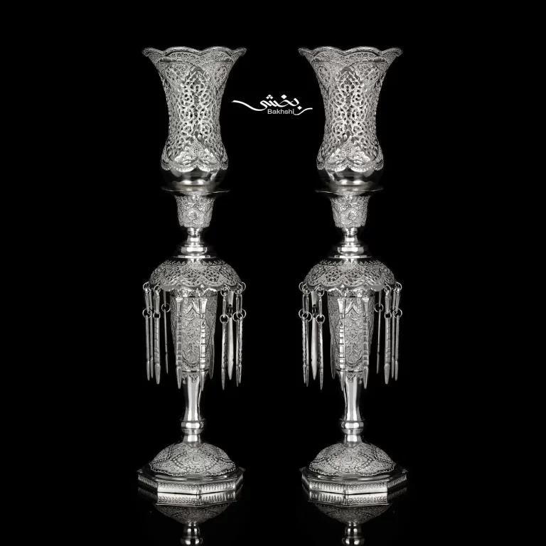 شمعدان نقره لاله آویزدار قلم گل و مرغ