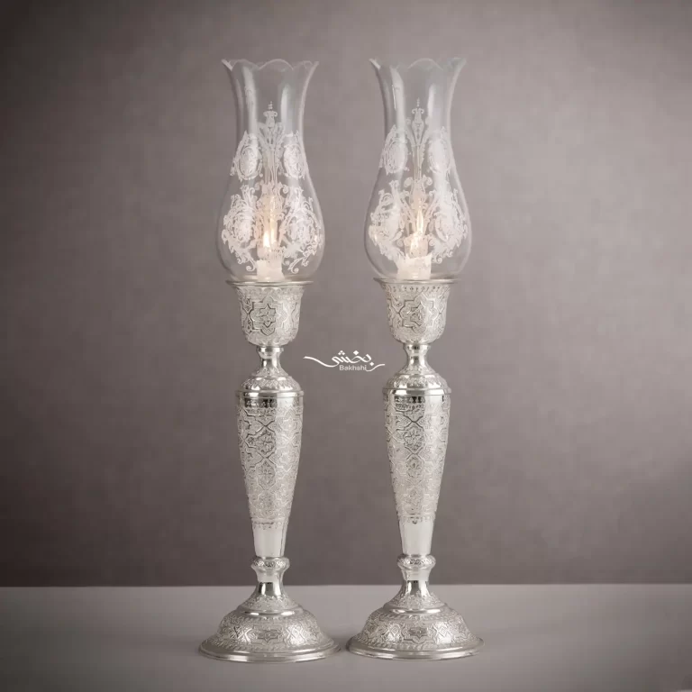 یک جفت شمعدان نقره حبابخور قلم اسلیمی