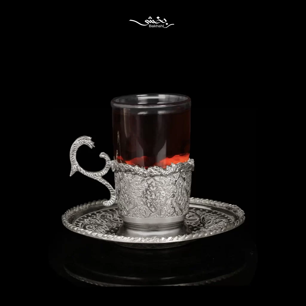 انگاره تکی قندان و نعلبکی 6 عددی نقره گل و مرغ