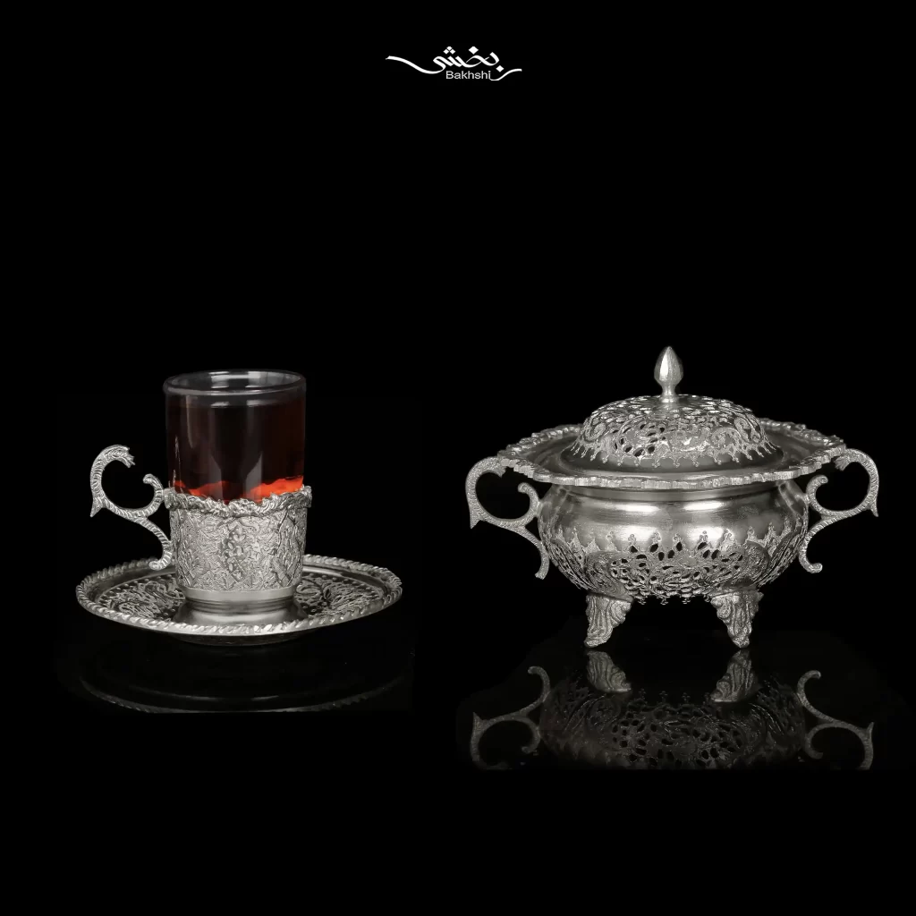 انگاره تکی قندان و نعلبکی 6 عددی نقره گل و مرغ