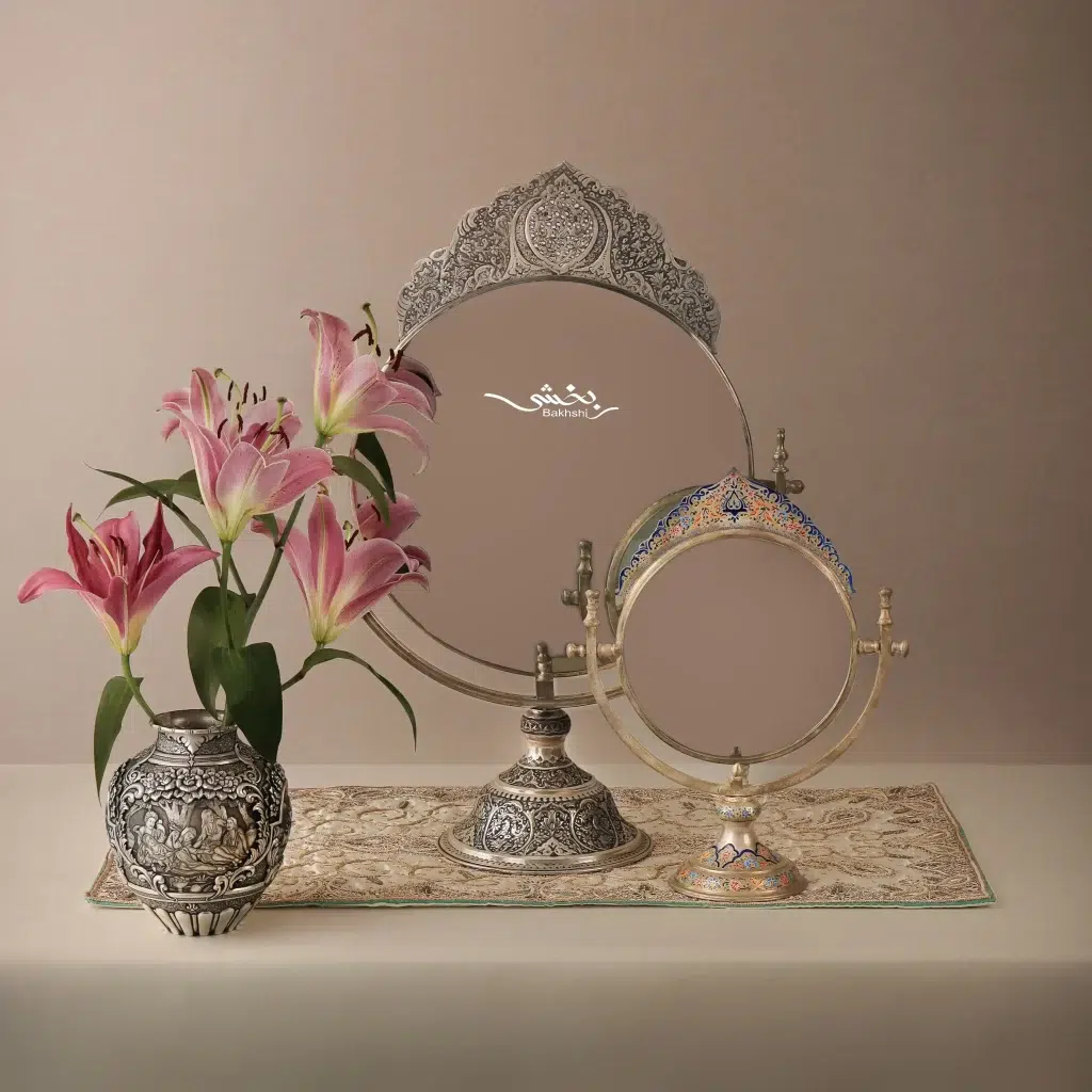 ست آینه گهواره ای و شمعدان نقره میناکاری