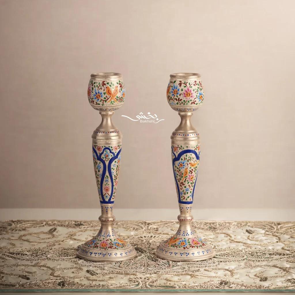 ست آینه گهواره ای و شمعدان نقره میناکاری
