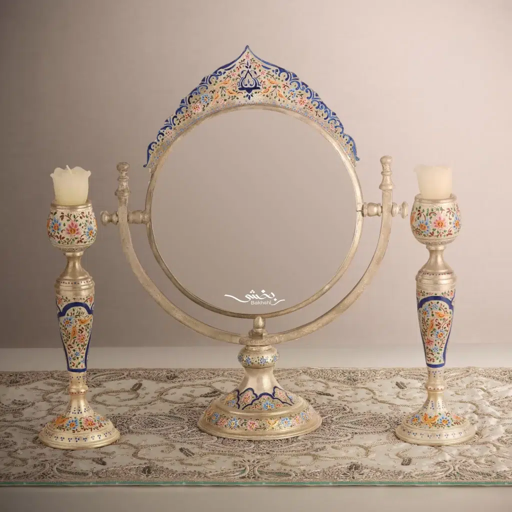 ست آینه گهواره ای و شمعدان نقره میناکاری