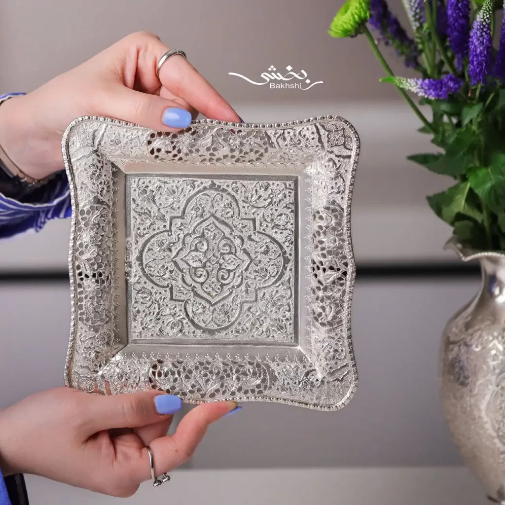 بشقاب نقره مربع قلم ترنج
