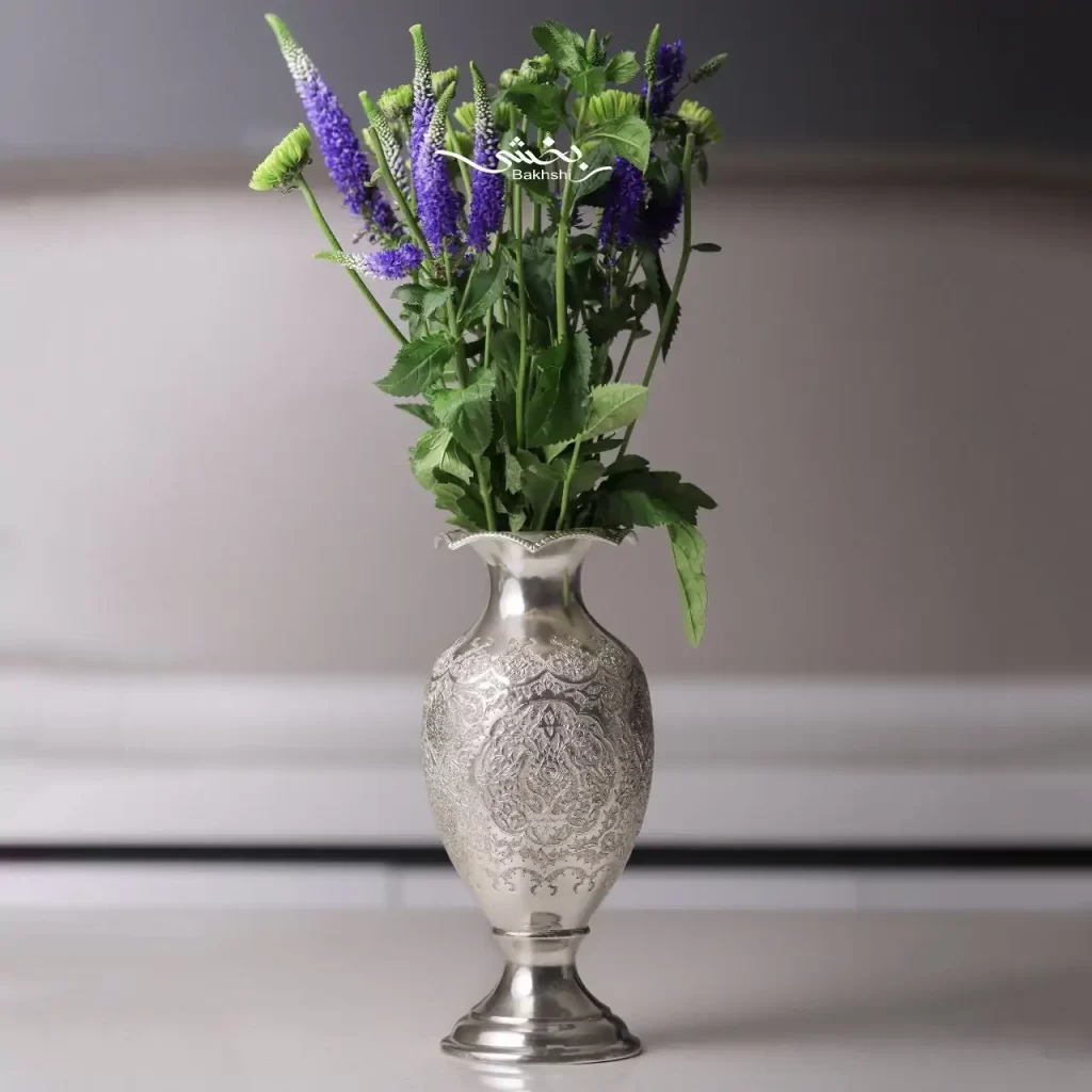 گلدان نقره شکم دار قلم گل و مرغ