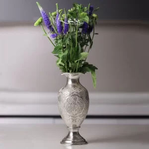 گلدان نقره شکم دار قلم گل و مرغ