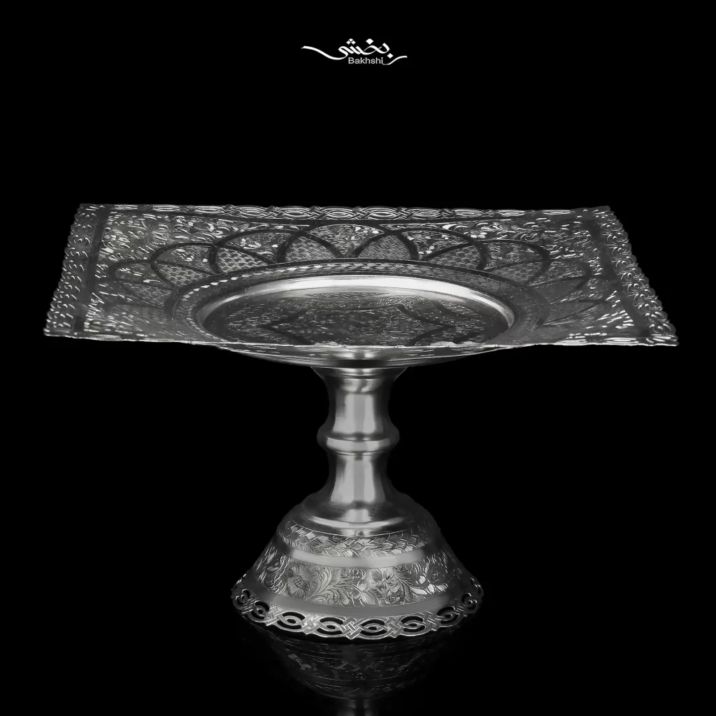 شیرینی خوری نقره مربع پایه دار قلم تبریز