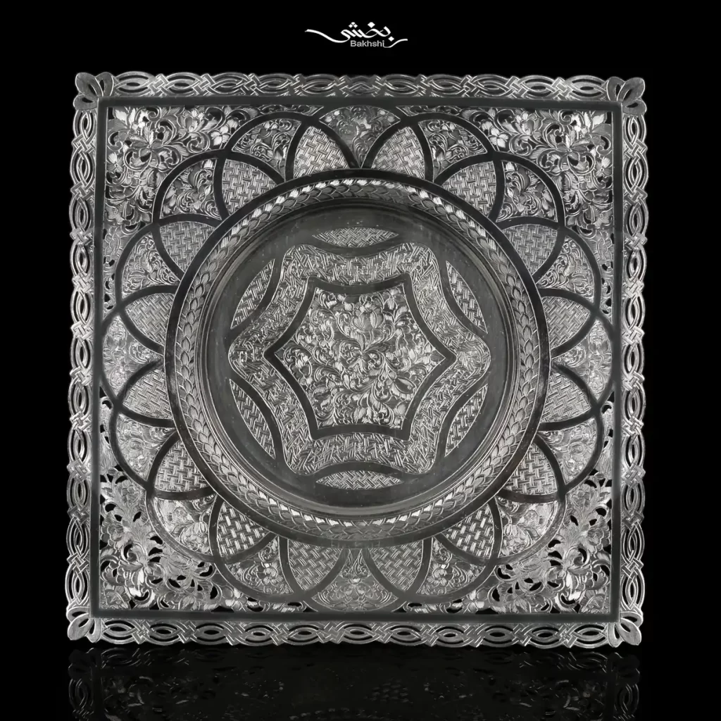 شیرینی خوری نقره مربع پایه دار قلم تبریز