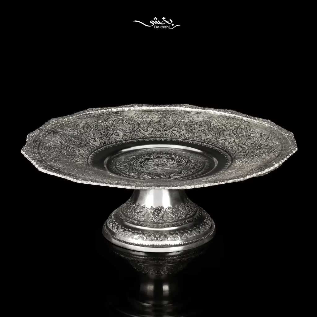 شیرینی خوری نقره قلم گل و مرغ پایه کوتاه