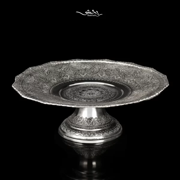 شیرینی خوری نقره قلم گل و مرغ پایه کوتاه