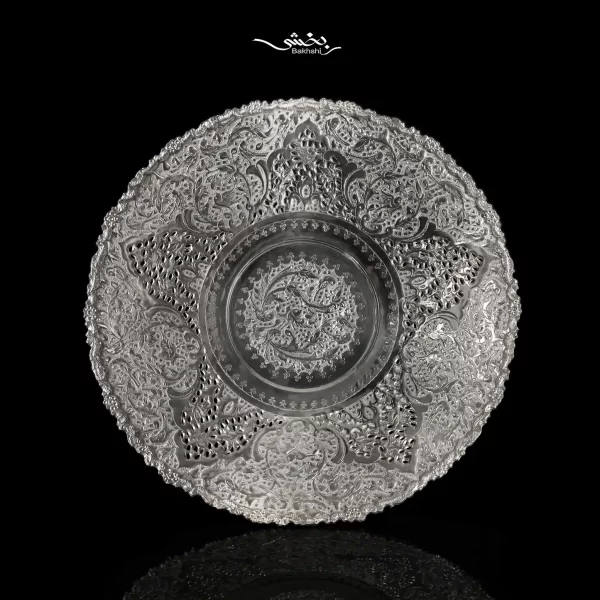 شیرینی خوری نقره قلم گل و مرغ پایه دار