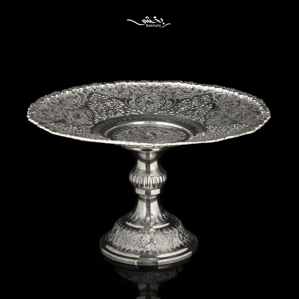 شیرینی خوری نقره قلم گل و مرغ پایه دار