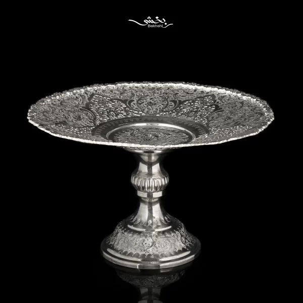 شیرینی خوری نقره قلم گل و مرغ پایه دار