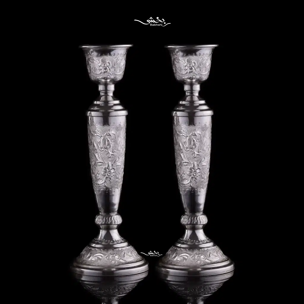 شمعدان تکشاخه نقره قلم گل برجسته
