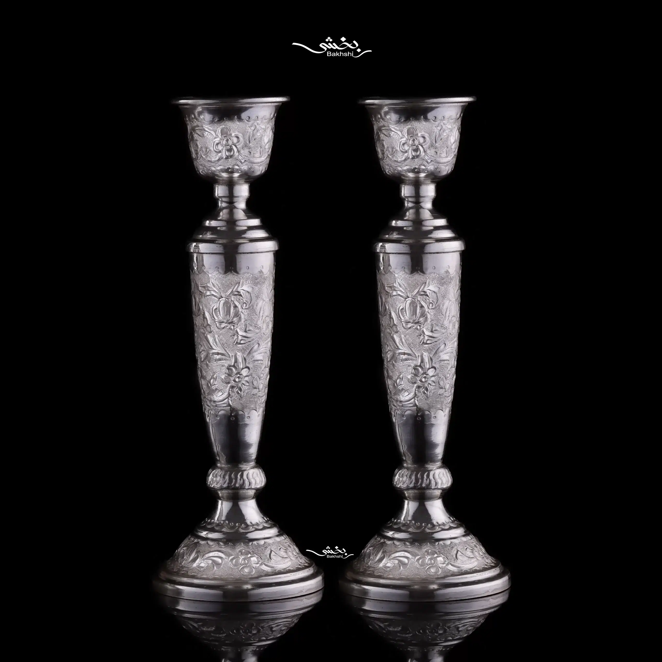 IMG_0910 شمعدان تکشاخه نقره قلم گل برجسته